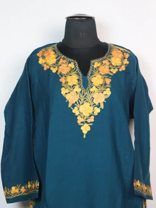 Kashmiri Pheran In Cashmilon wool With Aari Embroidery | Teal Blue | Insha - Image 2