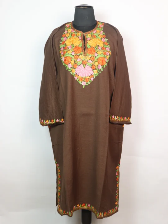 Kashmiri Pheran In Brown Count Wool With Aari Embroidery | Shafaq