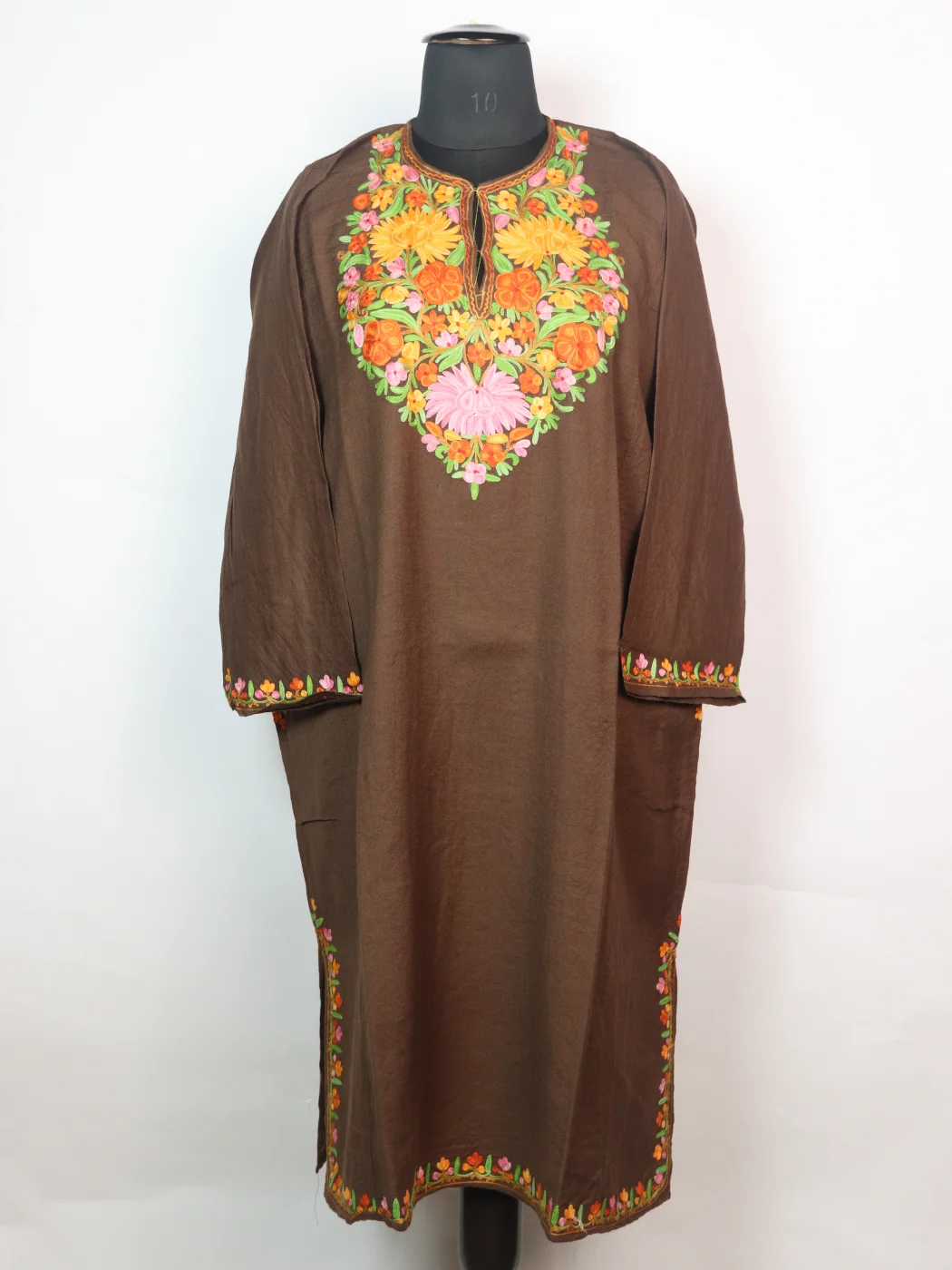 Kashmiri Pheran In Brown Count Wool With Aari Embroidery | Shafaq