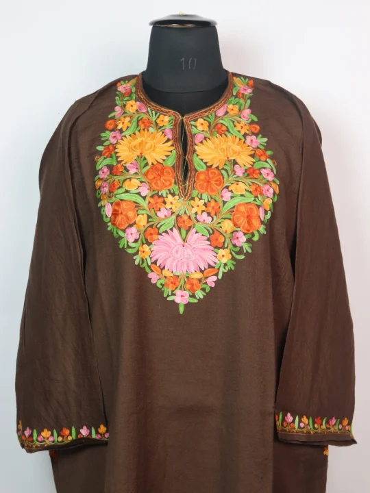 Kashmiri Pheran In Brown Count Wool With Aari Embroidery | Shafaq - Image 2