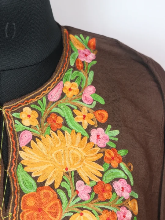 Kashmiri Pheran In Brown Count Wool With Aari Embroidery | Shafaq - Image 3