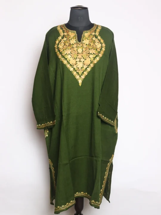 Saira Kashmiri Pheran In Raffal Wool With Aari Embroidery | Olive Green
