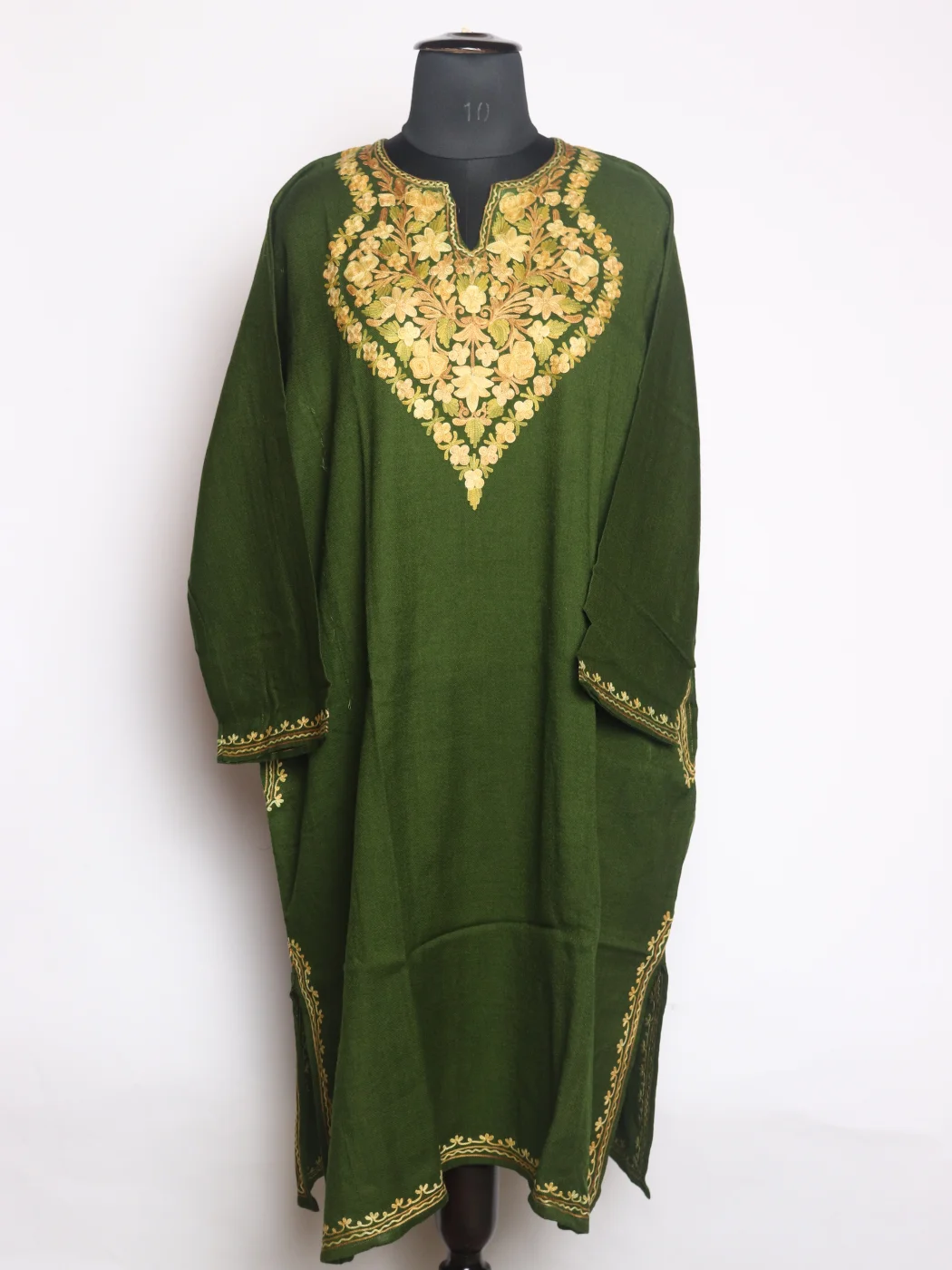 Saira Kashmiri Pheran In Raffal Wool With Aari Embroidery | Olive Green