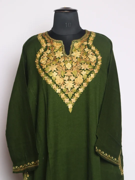 Saira Kashmiri Pheran In Raffal Wool With Aari Embroidery | Olive Green - Image 2