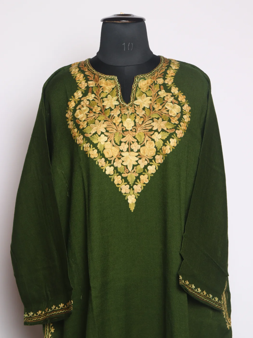 Saira Kashmiri Pheran In Raffal Wool With Aari Embroidery | Olive Green - Image 2