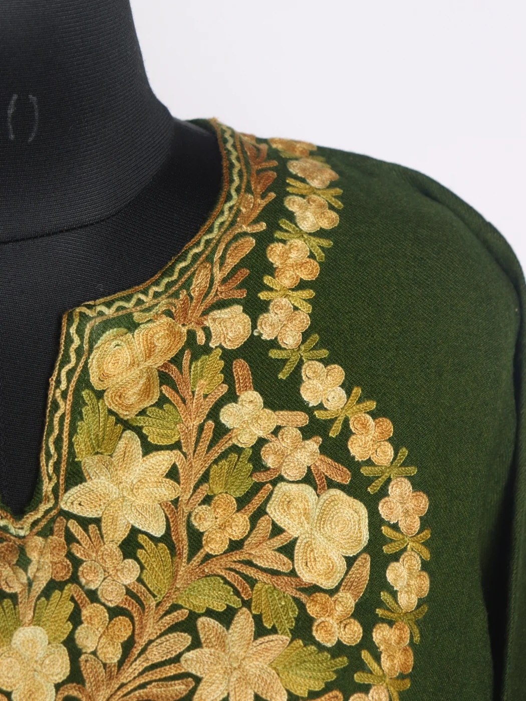 Saira Kashmiri Pheran In Raffal Wool With Aari Embroidery | Olive Green - Image 3