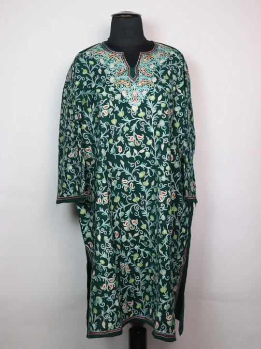 Sabeen Kashmiri Pheran Green In Raffal Wool With Aari Jaal Embroidery