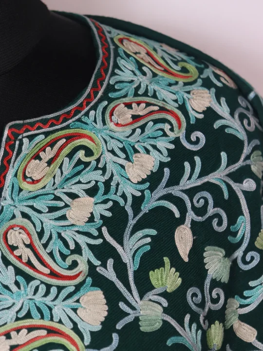 Sabeen Kashmiri Pheran Green In Raffal Wool With Aari Jaal Embroidery - Image 3