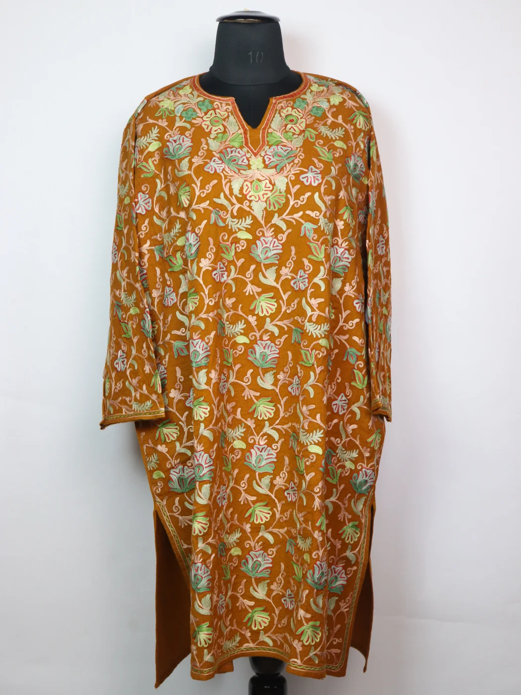 Rabiya Kashmiri Pheran Mustard In Raffal Wool With Aari Jaal Embroidery