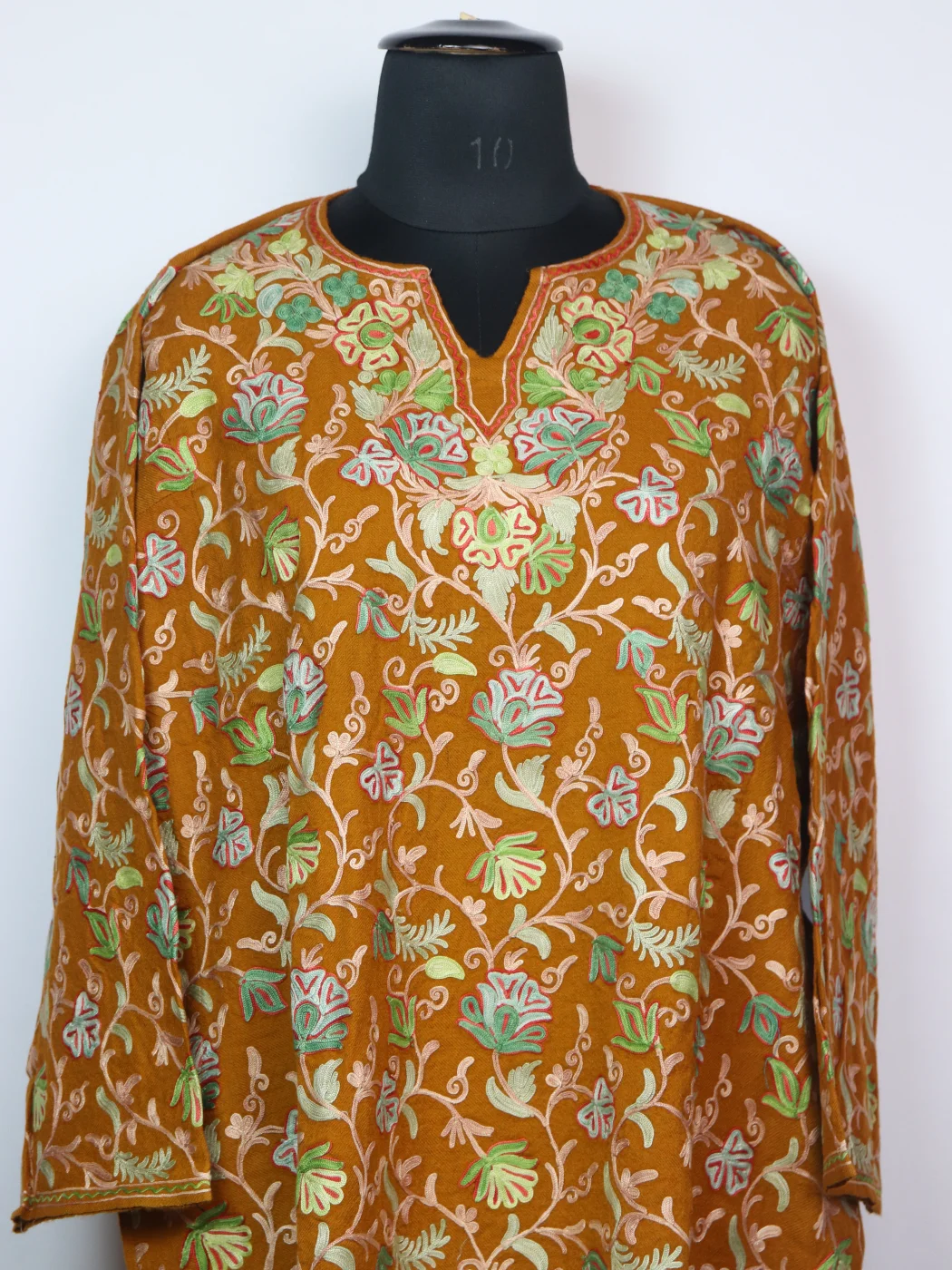 Rabiya Kashmiri Pheran Mustard In Raffal Wool With Aari Jaal Embroidery - Image 2