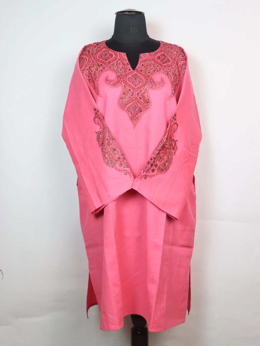 Mirza Kashmiri Pheran In Pink Raffal Wool With Hand Sozni Embroidery