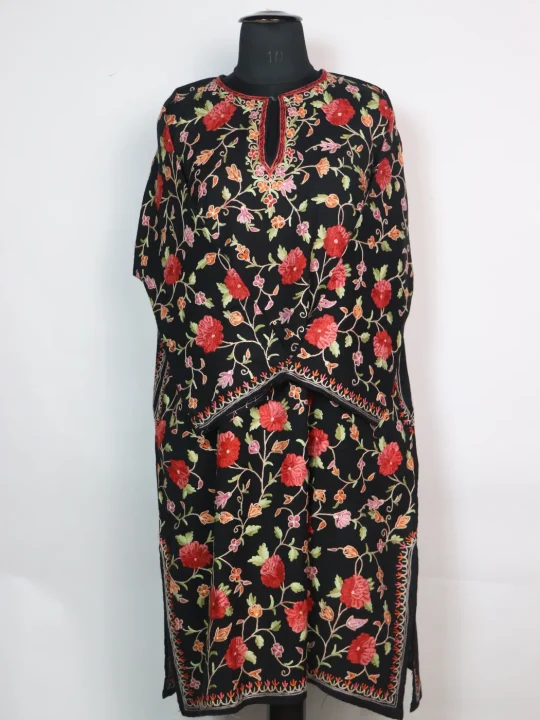 Black Kashmiri Pheran In Raffal Wool With All Over Jaal Hand Aari Embroidery| Urwa