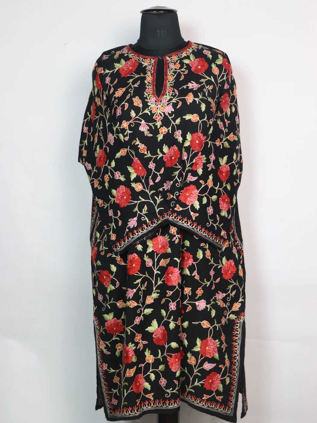 Black Kashmiri Pheran In Raffal Wool With All Over Jaal Hand Aari Embroidery| Urwa