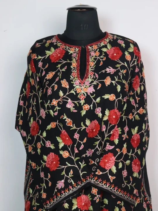 Black Kashmiri Pheran In Raffal Wool With All Over Jaal Hand Aari Embroidery| Urwa - Image 2