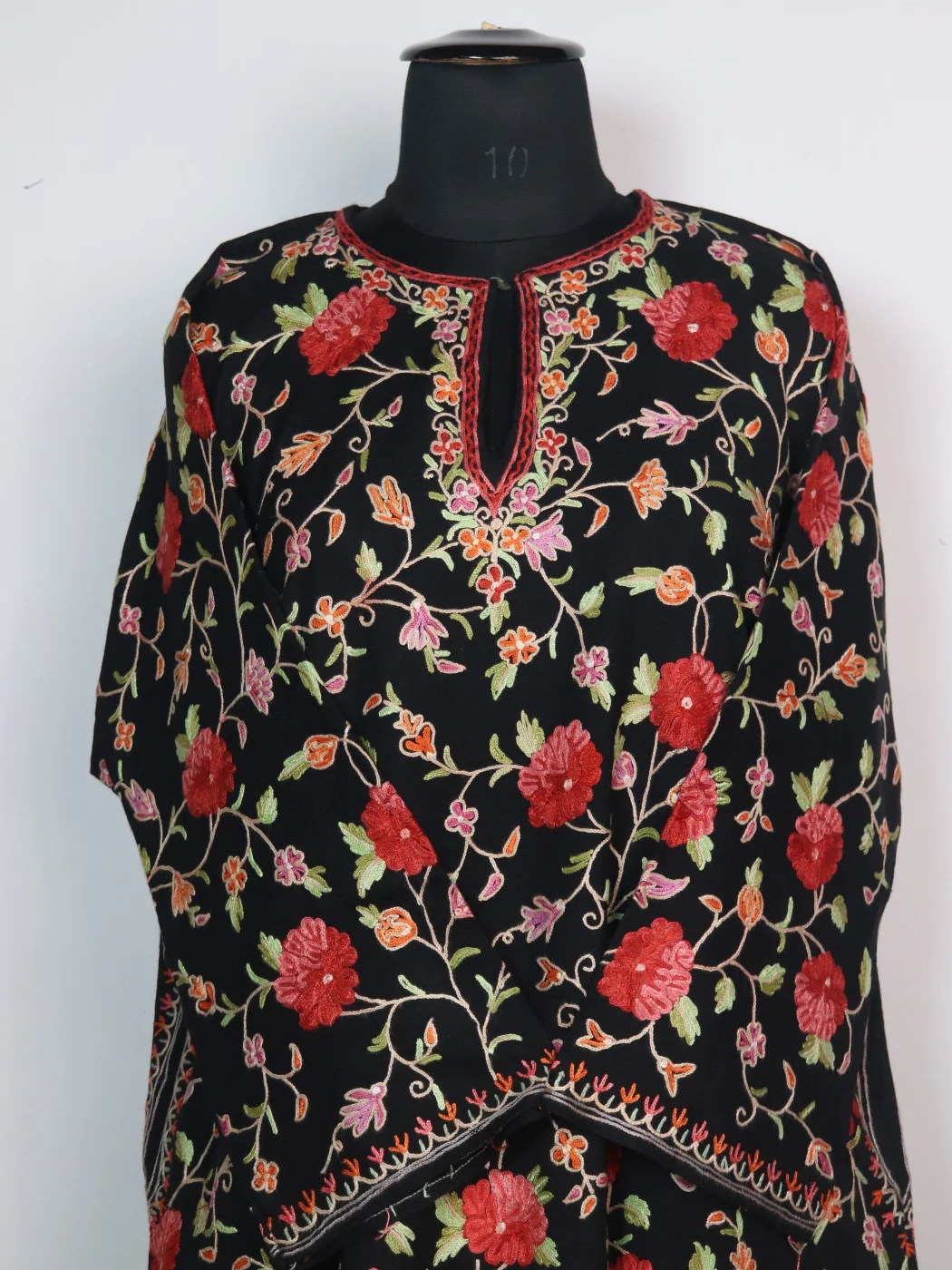 Black Kashmiri Pheran In Raffal Wool With All Over Jaal Hand Aari Embroidery| Urwa - Image 2