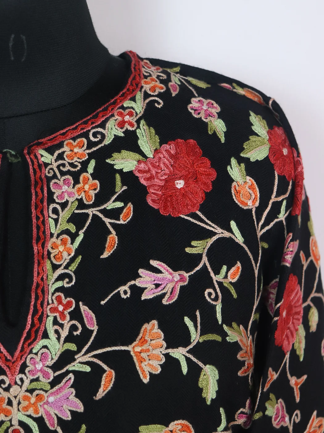 Black Kashmiri Pheran In Raffal Wool With All Over Jaal Hand Aari Embroidery| Urwa - Image 3