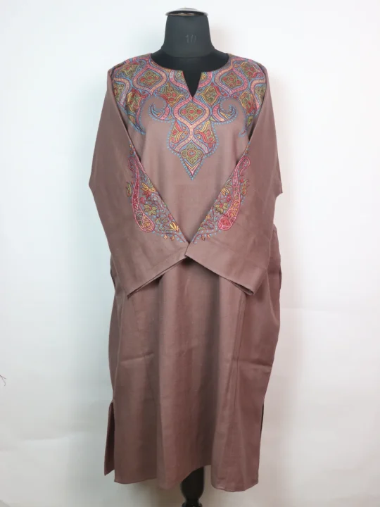 Kashmiri Pheran In Raffal Wool With Hand Sozni Embroidery | Beige | Mirza
