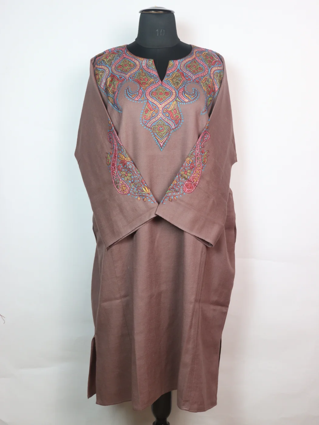 Kashmiri Pheran In Raffal Wool With Hand Sozni Embroidery | Beige | Mirza