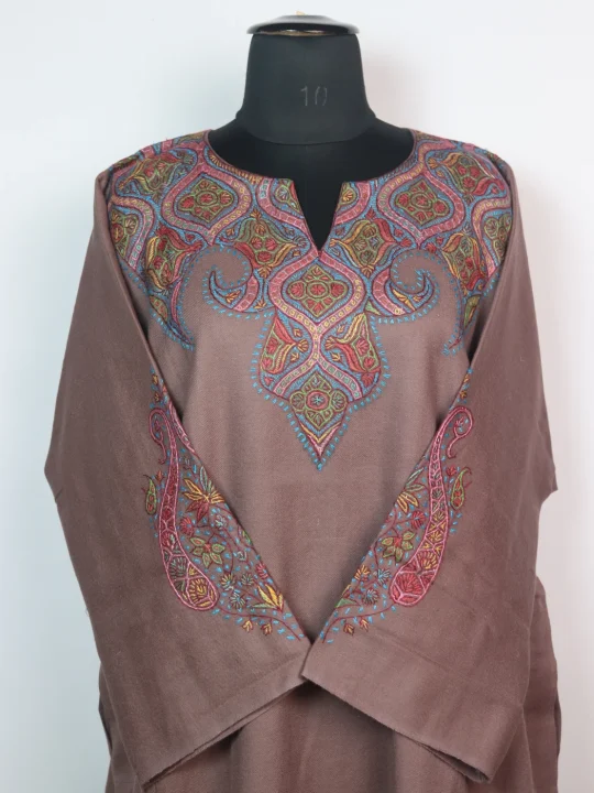 Kashmiri Pheran In Raffal Wool With Hand Sozni Embroidery | Beige | Mirza - Image 2