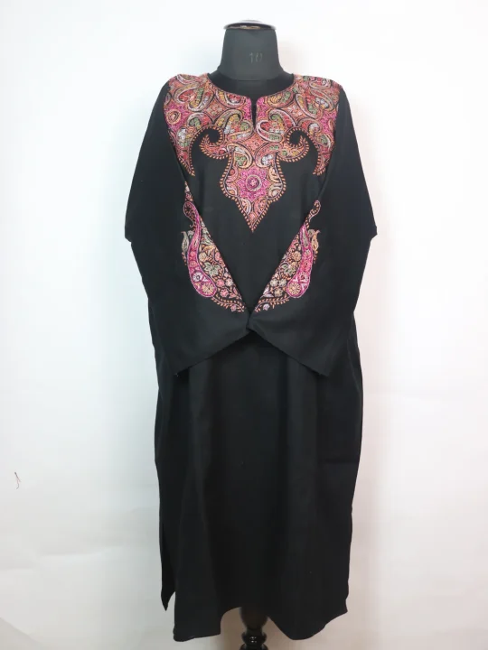 Black Kashmiri Pheran In Raffal Wool With Hand Sozni Embroidery | Mirza