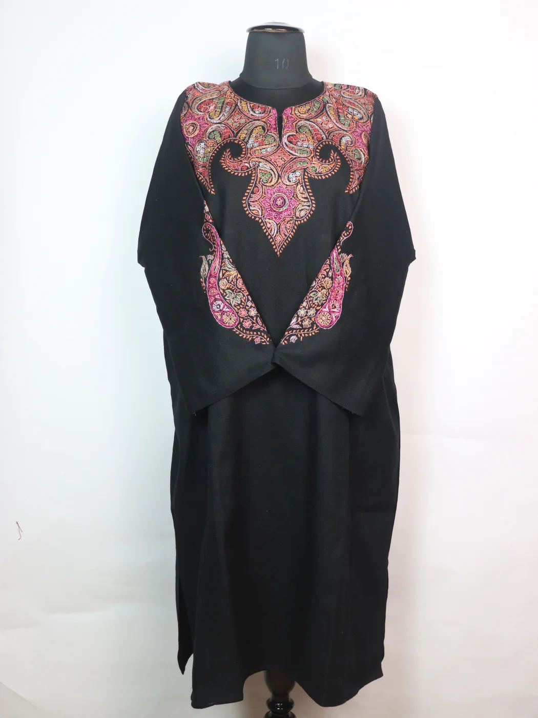 Black Kashmiri Pheran In Raffal Wool With Hand Sozni Embroidery | Mirza