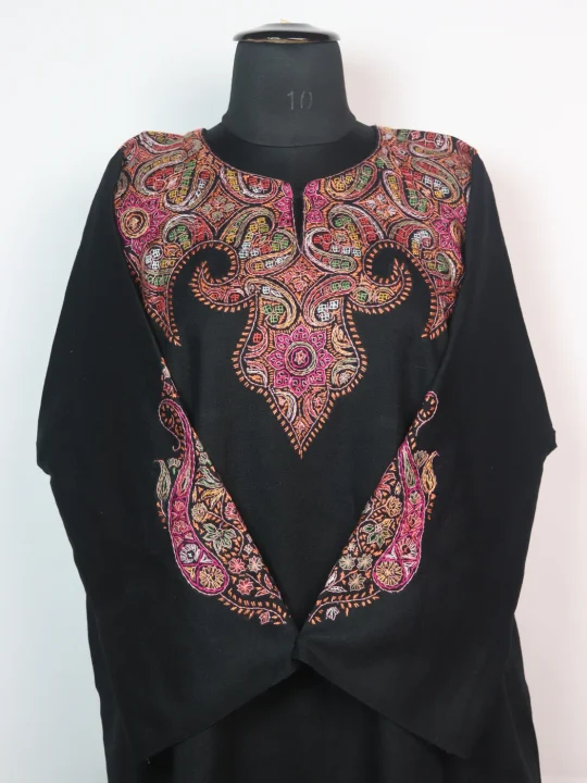 Black Kashmiri Pheran In Raffal Wool With Hand Sozni Embroidery | Mirza - Image 2