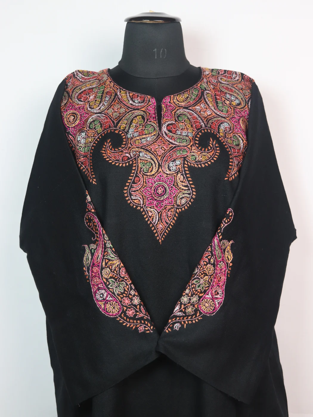 Black Kashmiri Pheran In Raffal Wool With Hand Sozni Embroidery | Mirza - Image 2