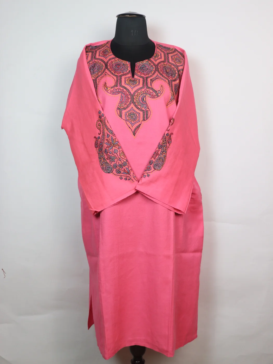 Mirza Kashmiri Pheran In Raffal Wool With Hand Sozni Embroidery | Pink