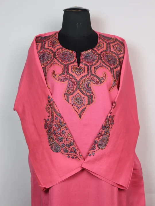 Mirza Kashmiri Pheran In Raffal Wool With Hand Sozni Embroidery | Pink - Image 2