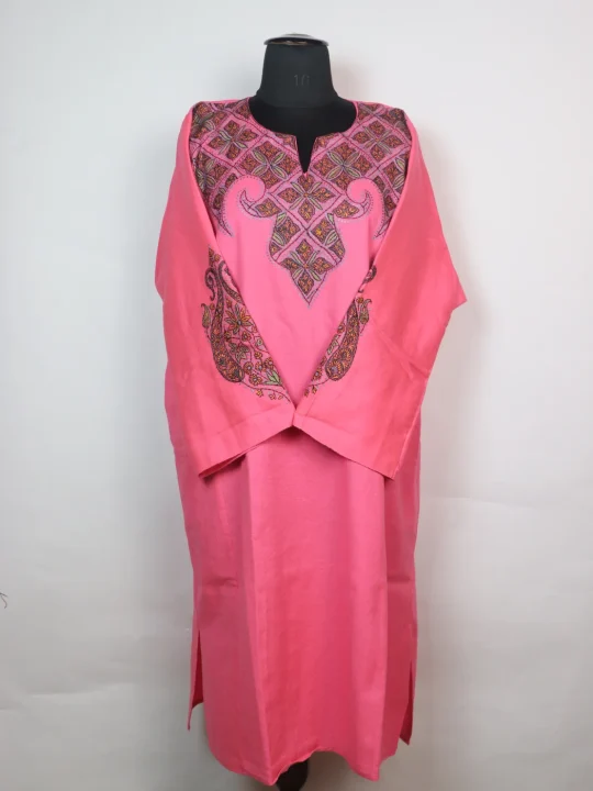 Mirza Kashmiri Pheran In Raffal Wool With Hand Sozni Embroidery | Pink