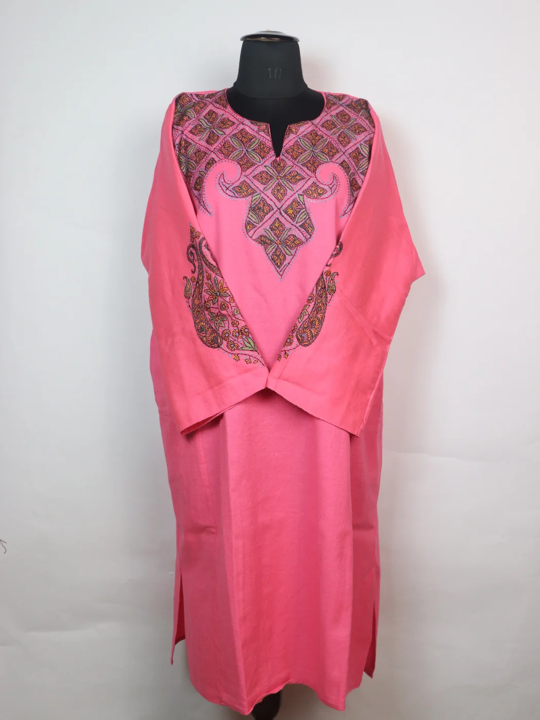 Mirza Kashmiri Pheran In Raffal Wool With Hand Sozni Embroidery | Pink