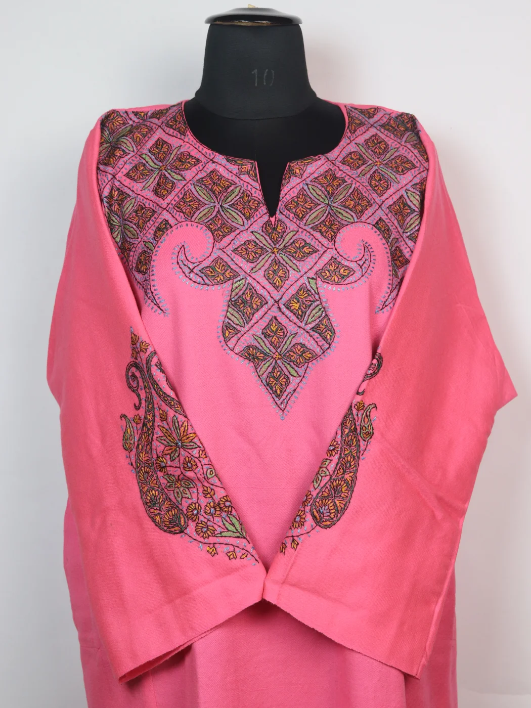 Mirza Kashmiri Pheran In Raffal Wool With Hand Sozni Embroidery | Pink - Image 2