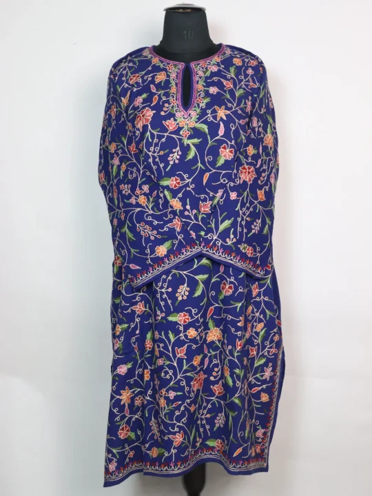Urwa Kashmiri Pheran In Raffal Wool With All Over Jaal Hand Aari Embroidery| Blue