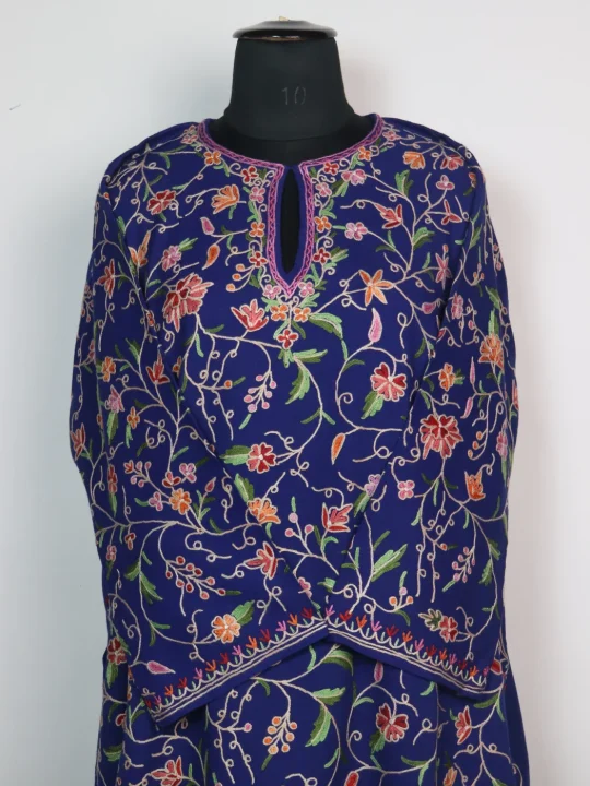 Urwa Kashmiri Pheran In Raffal Wool With All Over Jaal Hand Aari Embroidery| Blue - Image 2