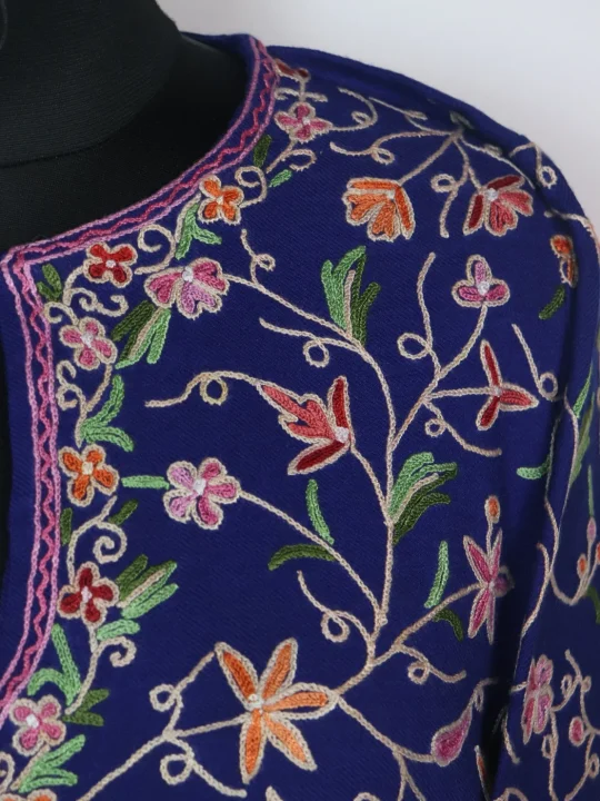 Urwa Kashmiri Pheran In Raffal Wool With All Over Jaal Hand Aari Embroidery| Blue - Image 3