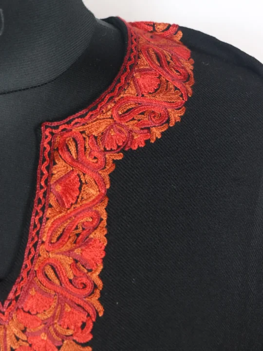 Urwa Kashmiri Pheran In Raffal Wool With Hand Aari Embroidery| Black - Image 3
