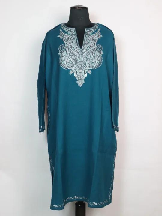 Asma Kashmiri Pheran In Raffal Wool With Hand Aari Embroidery | Teal Blue