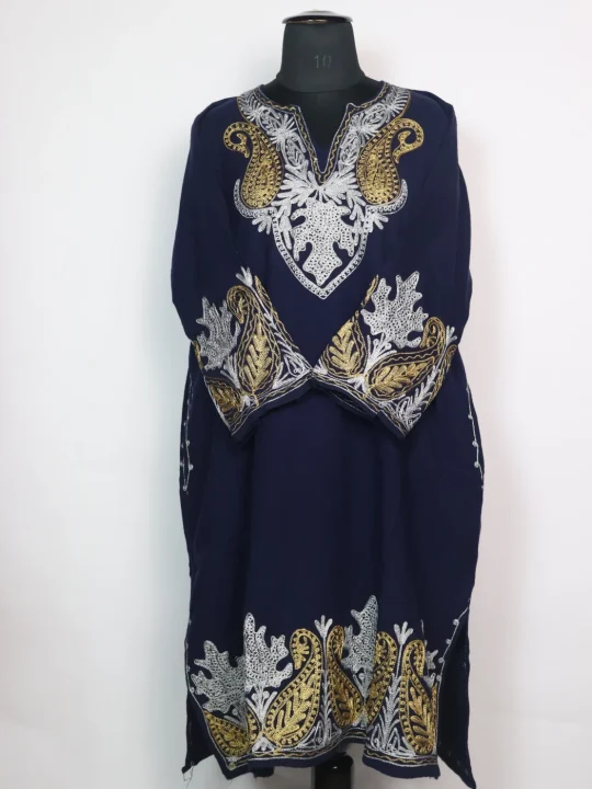 Huma Kashmiri Pheran in Navy Blue Cashmilon With Zari Embroidery