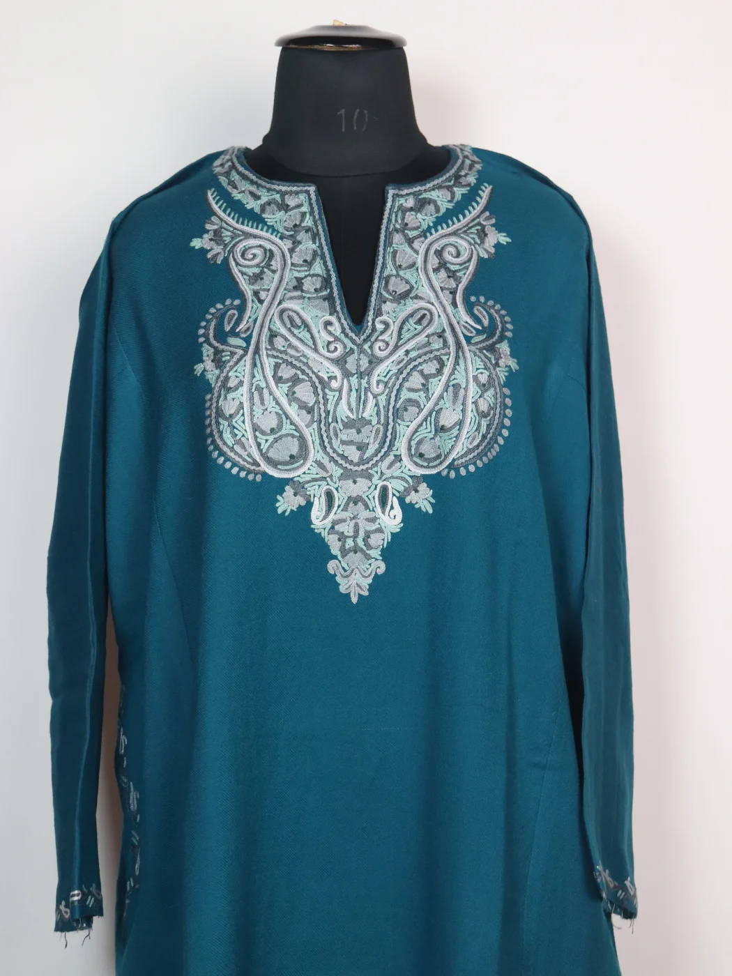 Asma Kashmiri Pheran In Raffal Wool With Hand Aari Embroidery | Teal Blue - Image 2
