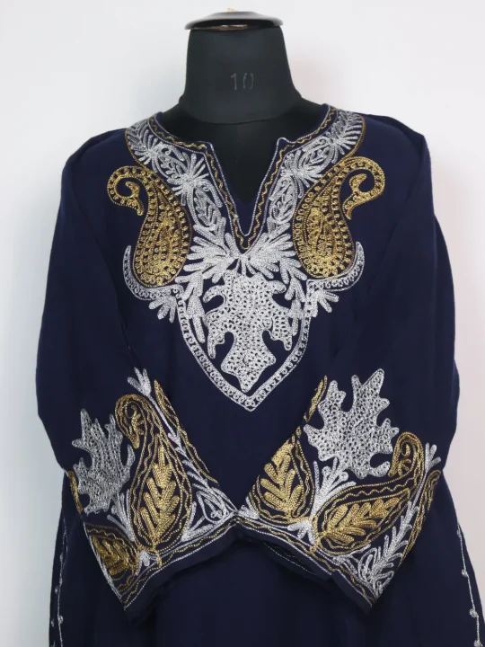 Huma Kashmiri Pheran in Navy Blue Cashmilon With Zari Embroidery - Image 2