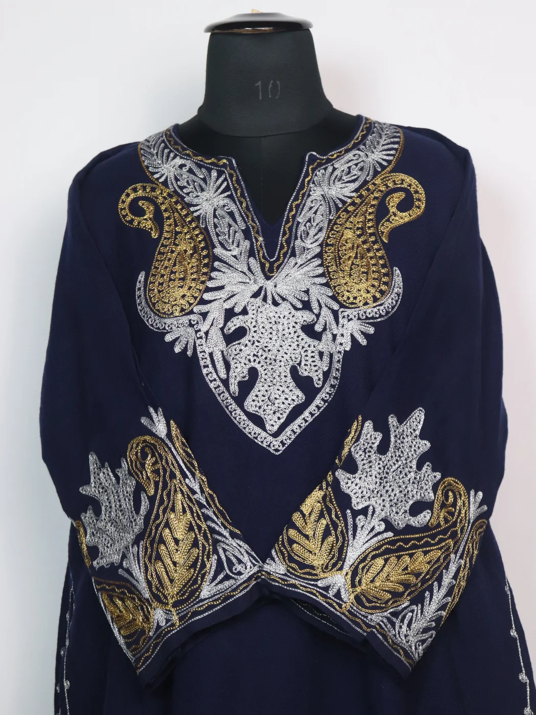 Huma Kashmiri Pheran in Navy Blue Cashmilon With Zari Embroidery - Image 2