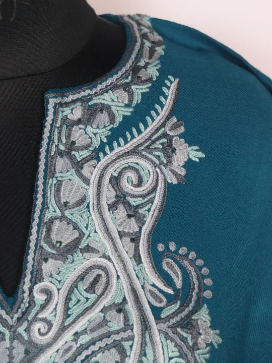 Asma Kashmiri Pheran In Raffal Wool With Hand Aari Embroidery | Teal Blue - Image 3