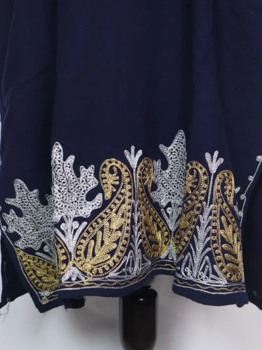 Huma Kashmiri Pheran in Navy Blue Cashmilon With Zari Embroidery - Image 3