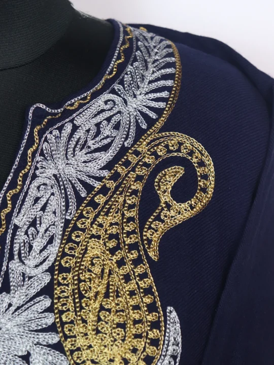Huma Kashmiri Pheran in Navy Blue Cashmilon With Zari Embroidery - Image 4