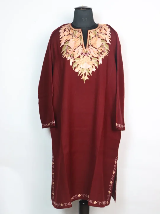 Asma Kashmiri Pheran In Raffal Wool With Hand Aari Embroidery | Maroon