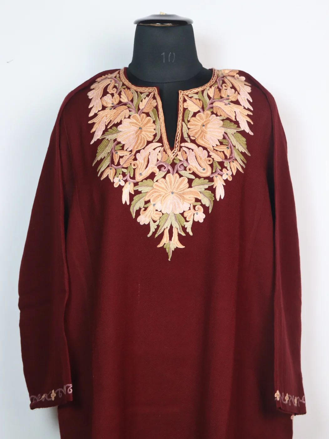 Asma Kashmiri Pheran In Raffal Wool With Hand Aari Embroidery | Maroon - Image 2