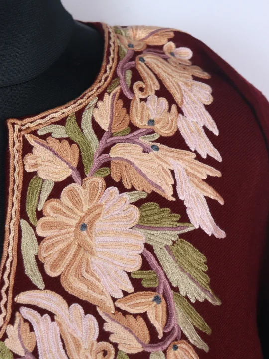 Asma Kashmiri Pheran In Raffal Wool With Hand Aari Embroidery | Maroon - Image 3