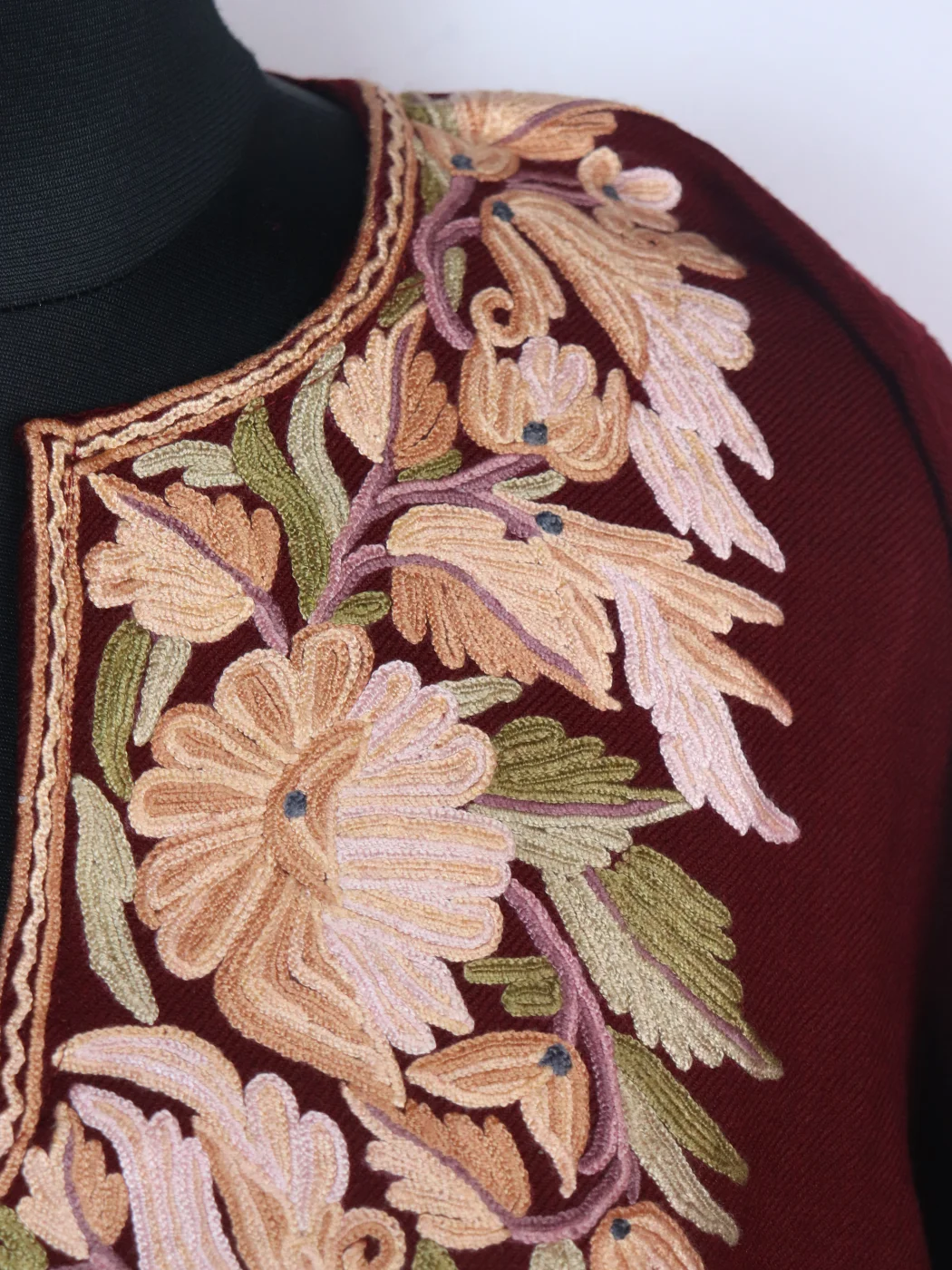 Asma Kashmiri Pheran In Raffal Wool With Hand Aari Embroidery | Maroon - Image 3