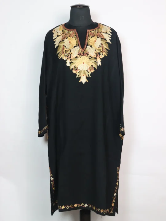 Kashmiri Pheran In Raffal Wool With Hand Aari Embroidery Asma  | Black