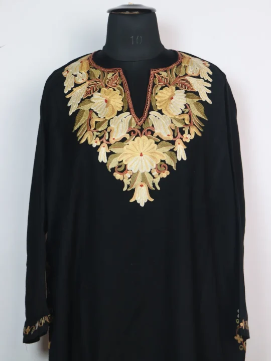 Kashmiri Pheran In Raffal Wool With Hand Aari Embroidery Asma  | Black - Image 2